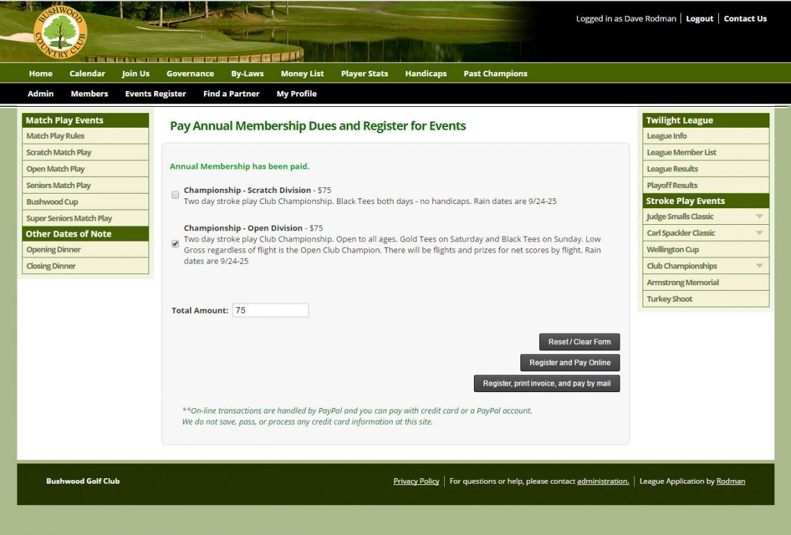 Register Pay Golf League Management